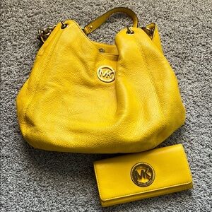 Michael Kors Yellow Leather Tote Bag and Wallet Set